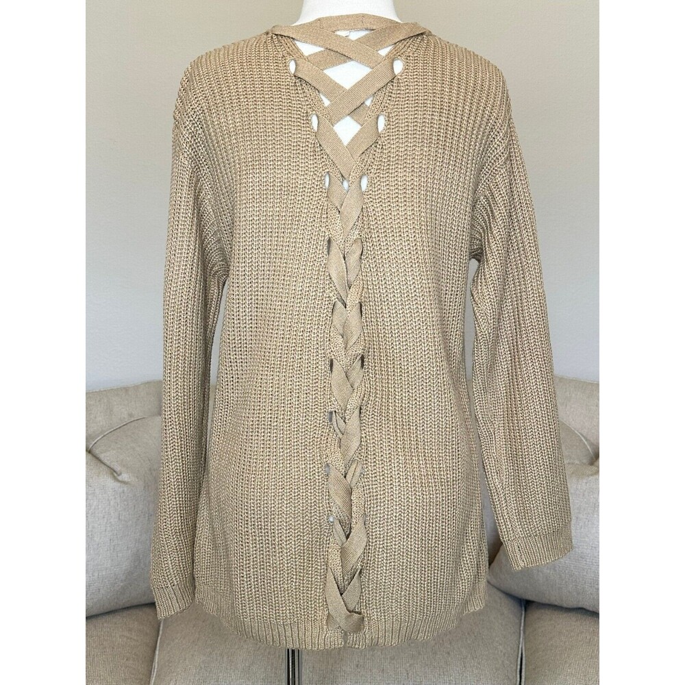 ALTAR'D STATE Womens Cable Knit Sweater Ribbon CrissCross Back Lace Up V-Neck SM